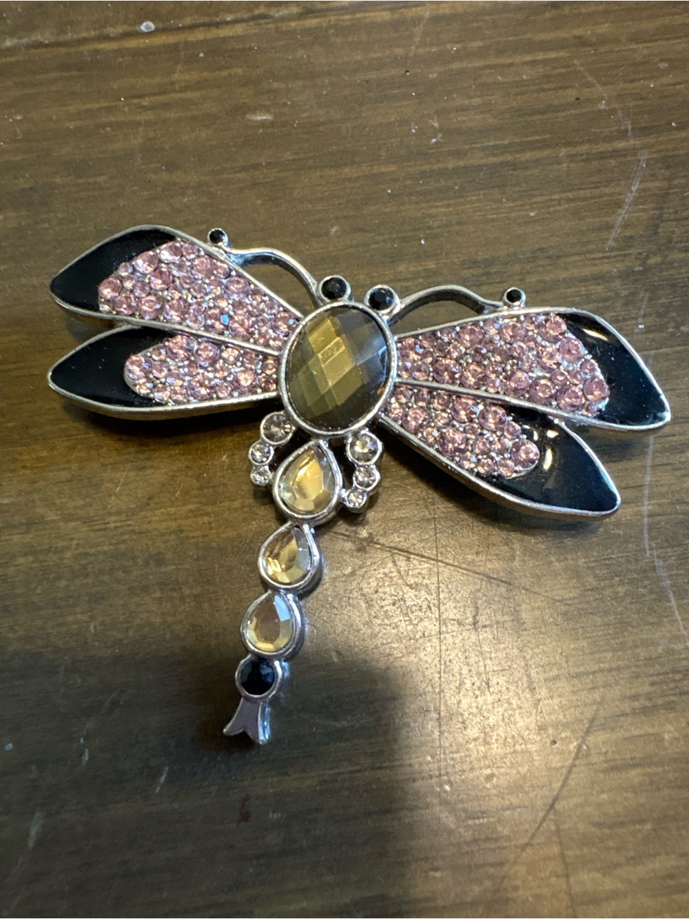 Vintage Lia Sophia Silver Pink Rhinestone Black DRAGONFLY BROOCH PIN Bug